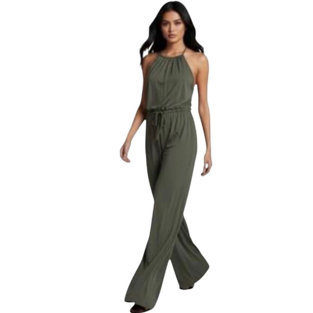 Three Bird Nest Womens Sleeveless Pant Jumpsuit Wide Leg Size L Green Boho City